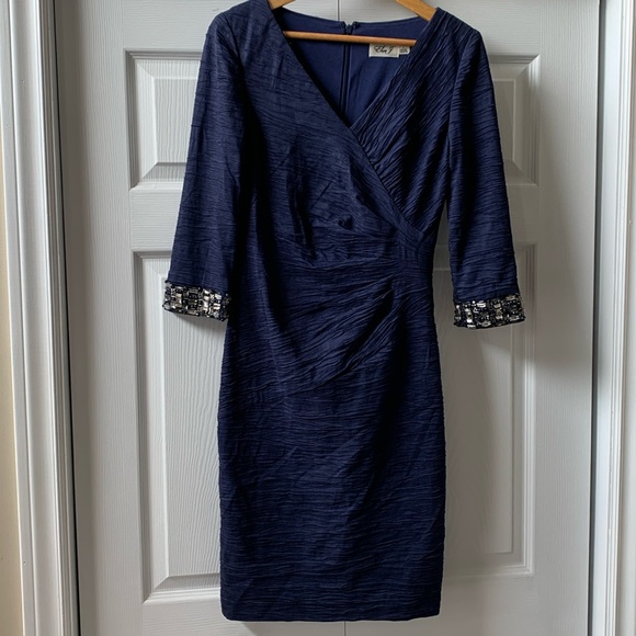 Eliza J Dresses & Skirts - Eliza J navy faux wrap silk look lined dress 3/4 jewelled sleeves EUC